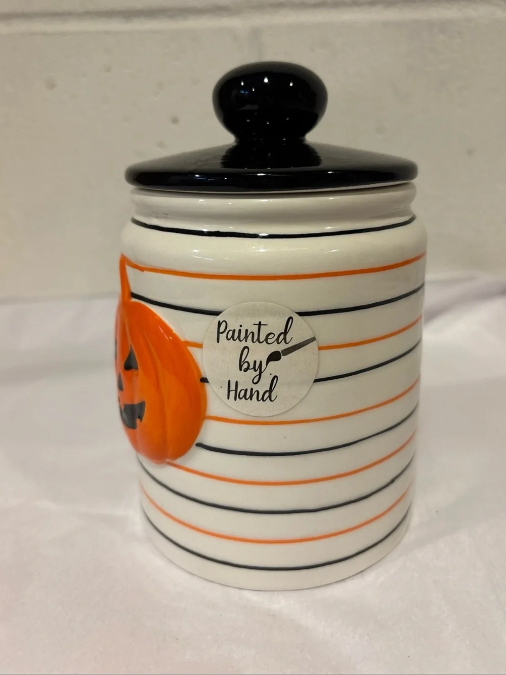 Halloween Jack O Lantern Ceramic Candy Jar Hand Painted with Lid
